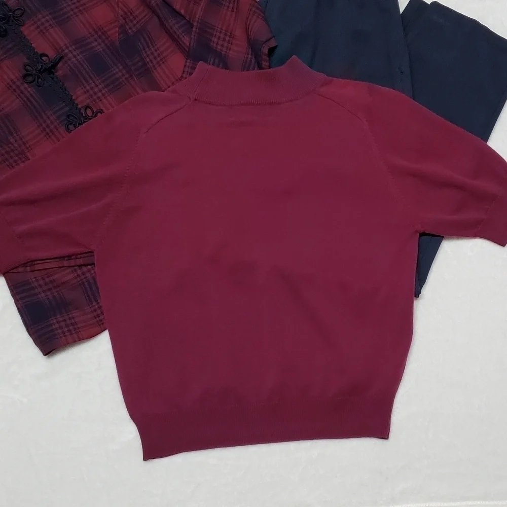 VINTAGE 80s Jessica Howard Wine Red Buffalo Plaid Ribbed Pants Mockneck Top Set